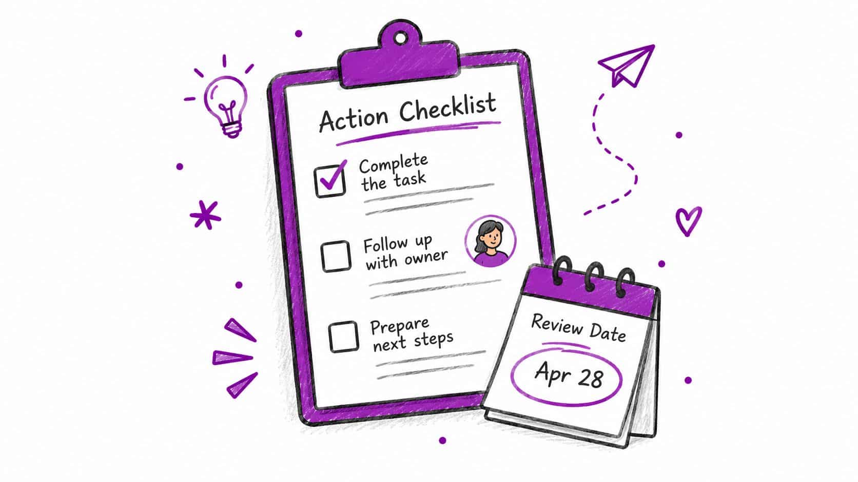 A digital illustration of an action checklist on a clipboard with an upcoming review date calendar.