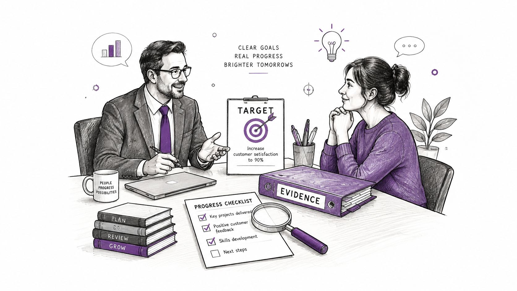 A professional manager and employee having a productive performance review meeting in a modern office setting.