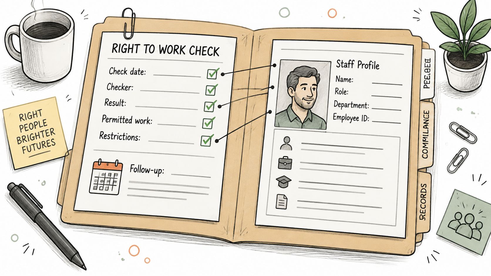 A folder open on a desk showing a Right to Work Check document and staff profile illustration.