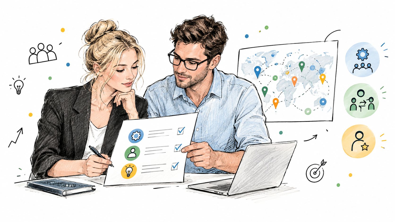 A professional man and woman collaborating on a business strategy with a checklist and digital world map.
