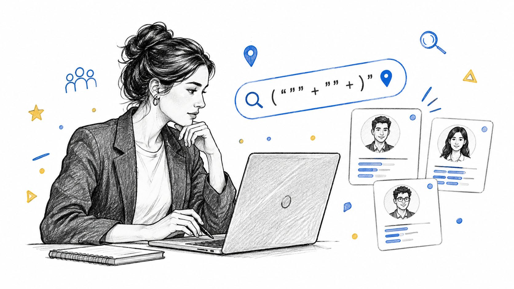 A professional woman uses a laptop to source and screen candidate profiles for a recruitment project.
