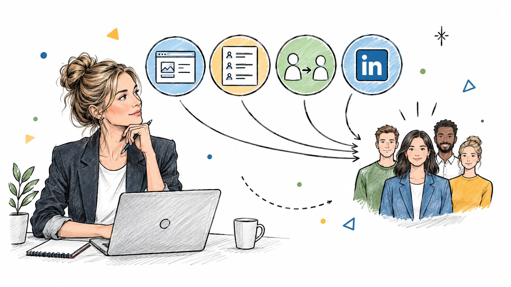 A professional recruiter using digital tools and social networking to identify and connect with potential job candidates.