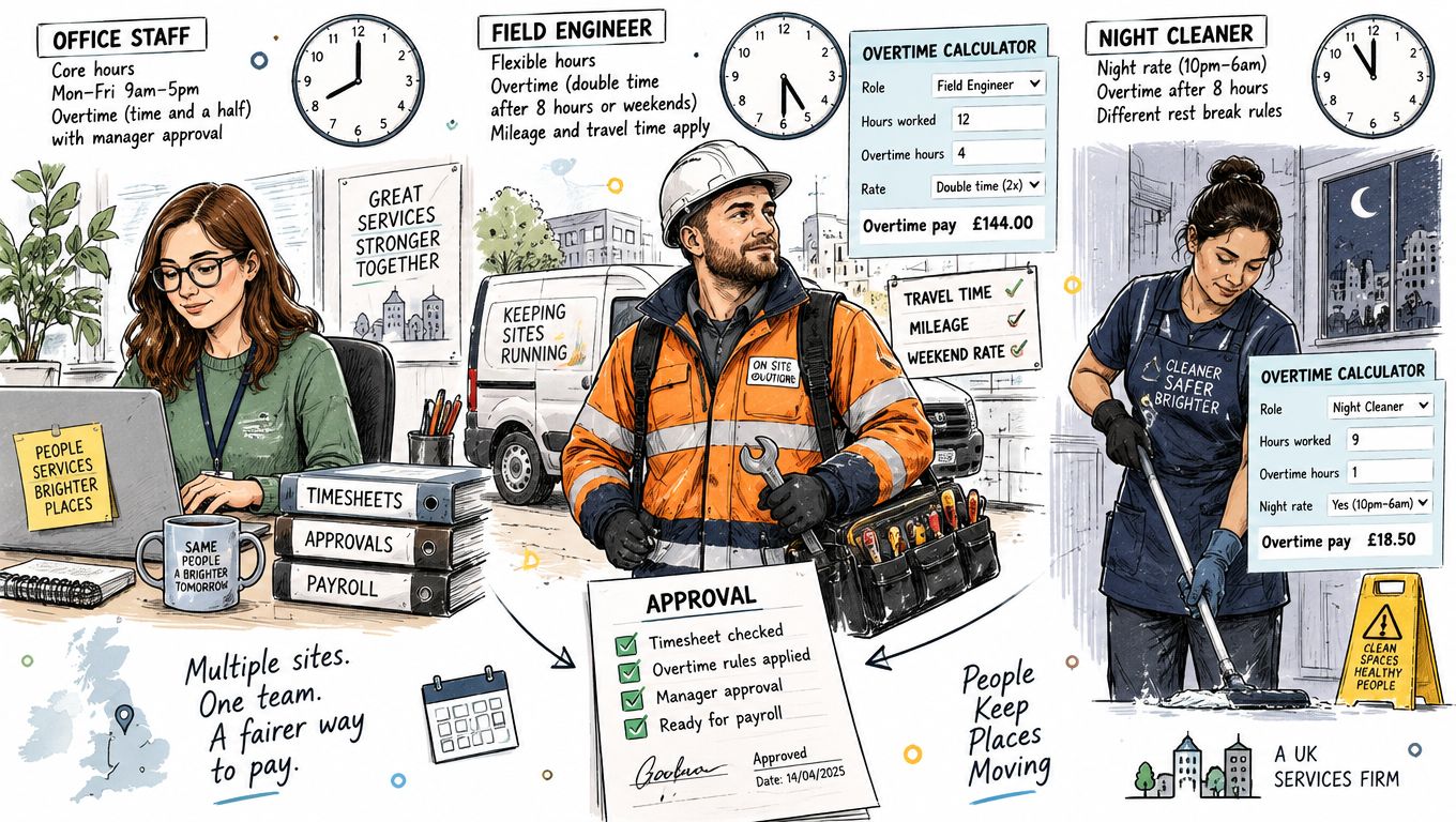 An illustration showing office staff, a field engineer, and a night cleaner using payroll overtime calculators.