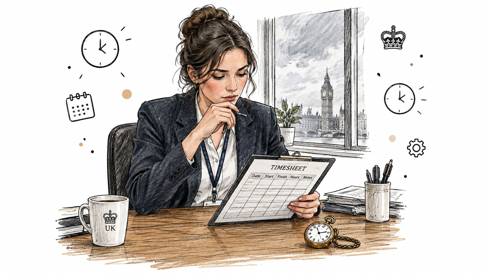 A professional woman in a business suit reviewing a timesheet in an office with London landmarks outside.