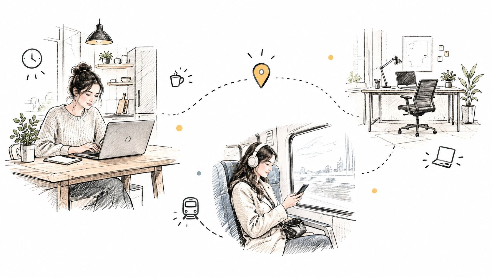 A sketched illustration depicting a professional woman working from home, commuting by train, and in an office.