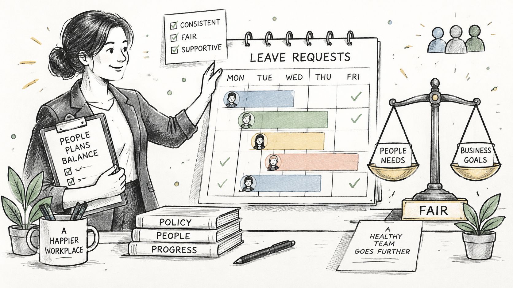 An illustration of a woman managing balanced employee leave requests, emphasizing fair workplace policies and team harmony.