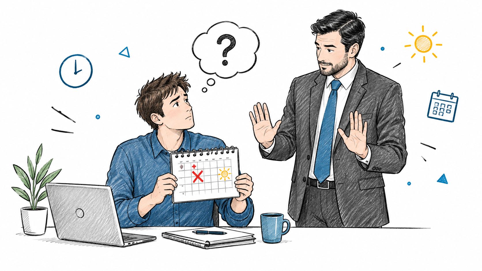 An employee holding a calendar showing a sick day is being dismissed by their professional manager.