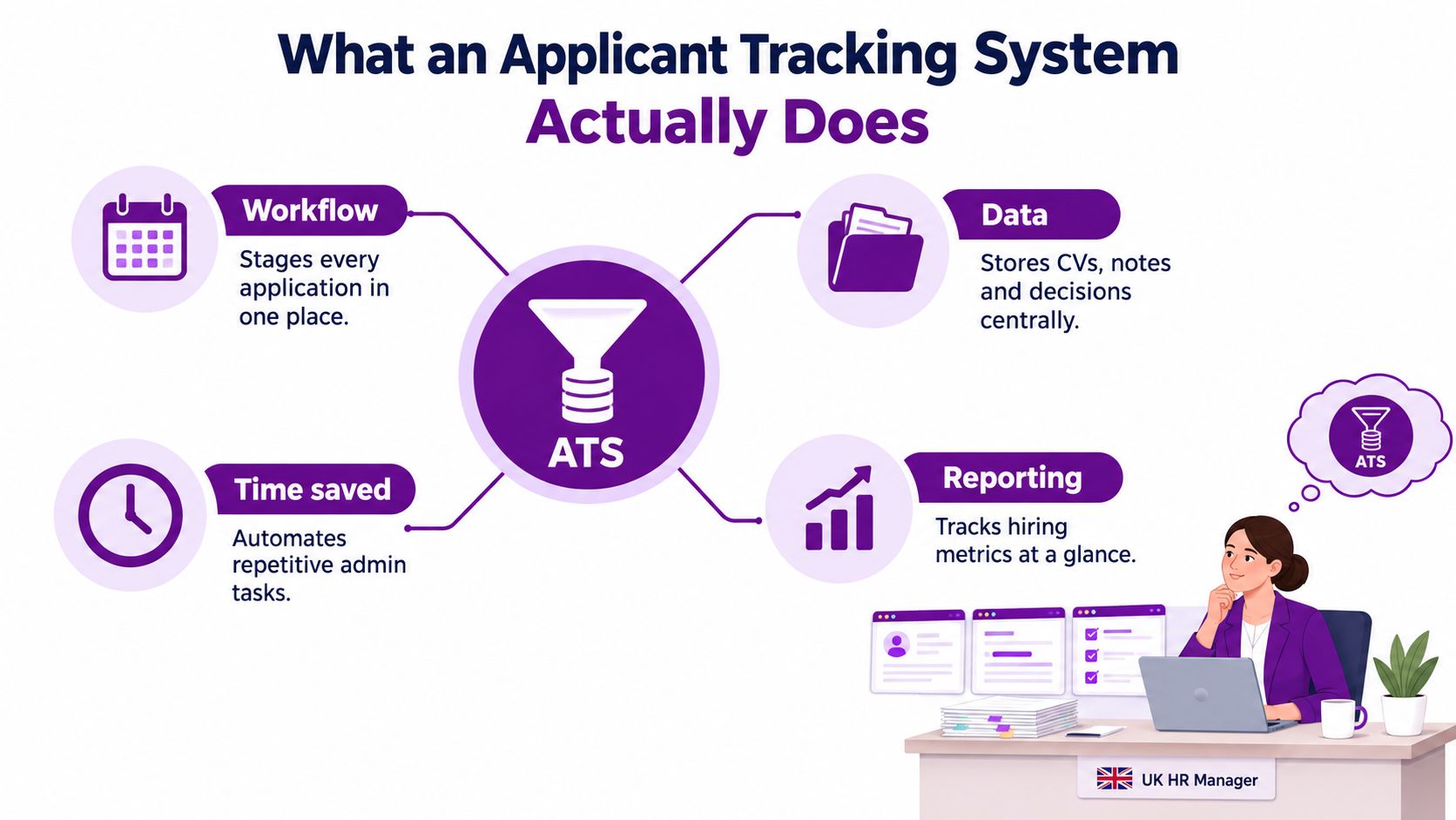 An infographic illustrating how an Applicant Tracking System works, including workflow, data, time saved, and reporting.