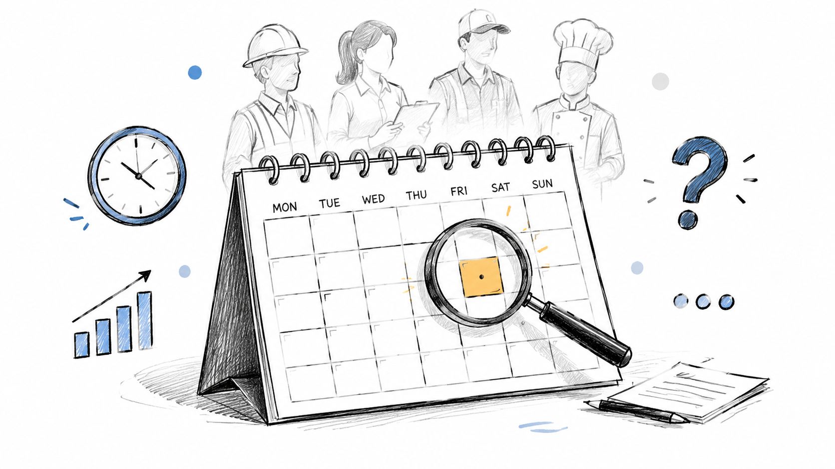 A hand-drawn illustration showing a calendar with a magnifying glass over a day, symbolizing workforce management planning.