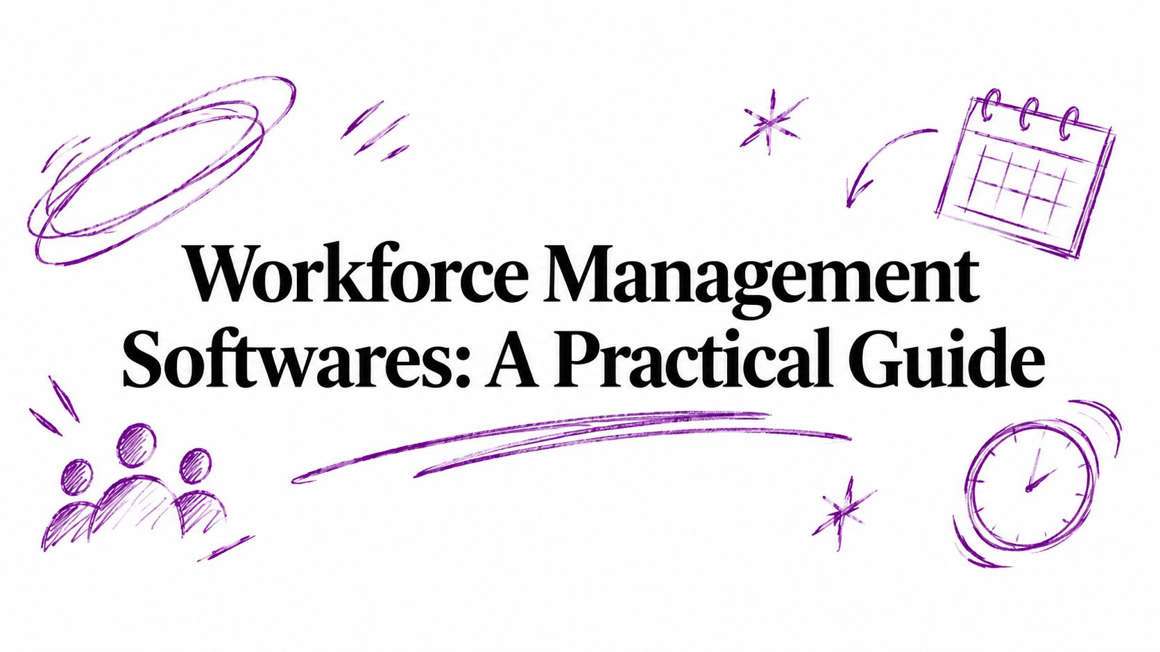 Bold title: “Workforce Management Softwares: A Practical Guide” with purple doodles of a clock, calendar, and a group of people around it.