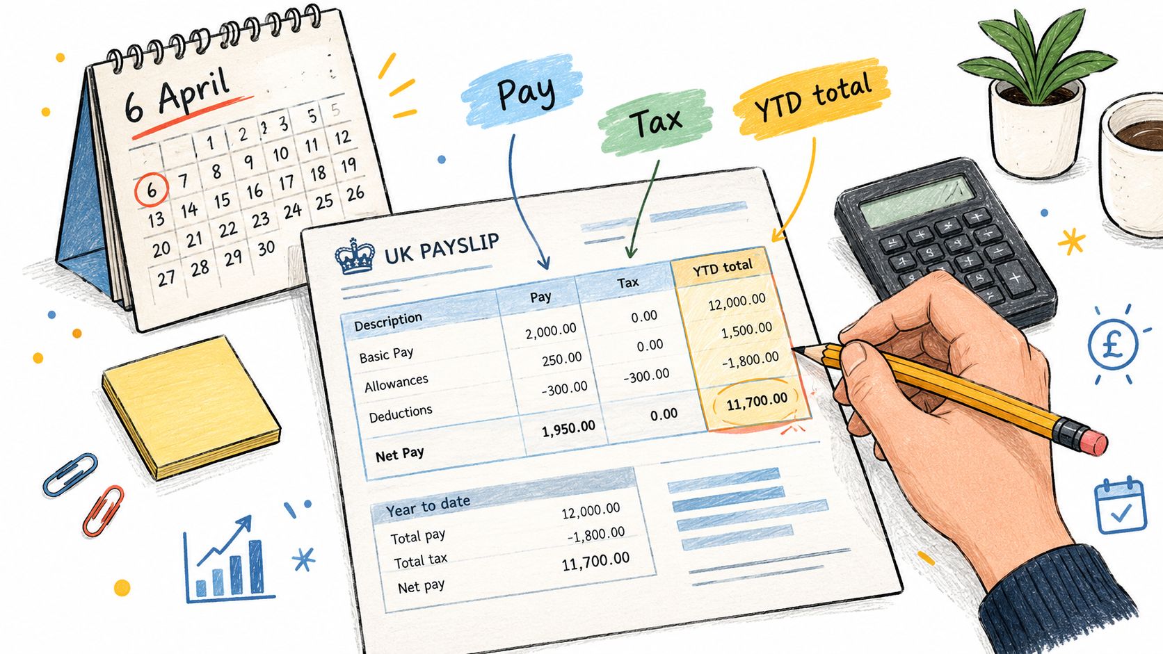 A hand using a pencil to write on a UK payslip document showing various payroll calculation details.